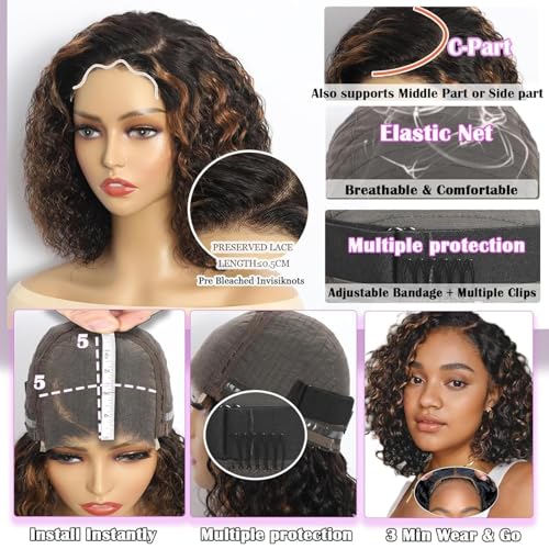 5×5 Closure Bob Wig Human Hair Glueless Wigs Human Hair Pre Plucked Pre Cut Short Curly Human Hair Wig Water Wave C Part Balayage Ombre Lace Frontal Human Hair Wigs for Black Women P1B/30 12 Inch