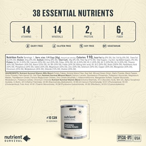 Nutrient Survival Potato Flakes, Powdered Vitamin Potato (30 Servings) for Mashed Potatoes, Soups, Emergency Food Supply & Camping Supplies, 38 Nutrients, Shelf Stable Up to 25 Years, One Can