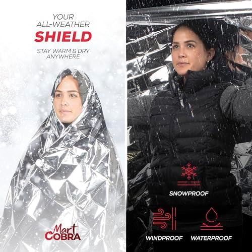 Mart Cobra Emergency Blanket 25-Pack Space Mylar Blankets Survival Gear and Supplies Reusable Thermal Camping Essentials Hiking First Aid Car Emergency Kit Prepper Foil Bug Out Bag Warm Cat Cold Snow