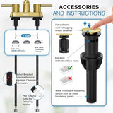 Gold Bthroom Faucet, Brushed Gold Bathroom Faucet, Gold Faucets for Bathroom Vanity, 4 Inch 2 Handle Centerset, Lead-Free, with Copper Pop Up Drain (Brushed Gold)