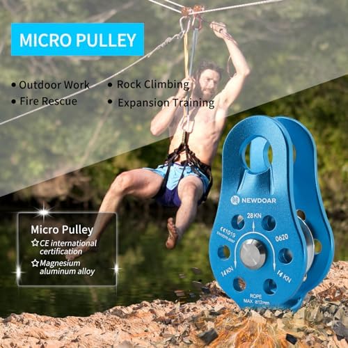 NewDoar Fixed Plate Micro Pulley,28KN CE Certified General Purpose Small Aluminum Rope Pulleys for Climbing/Aloft Work/Rappelling/Rescue Etc