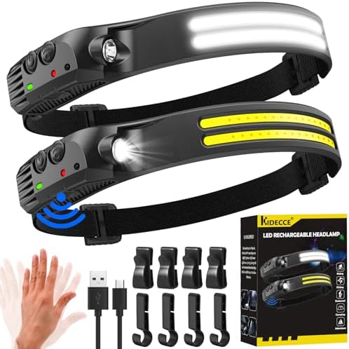 Headlamp Rechargeable,2 Pack 230° Wide Beam Head Lamp,2000 Lumen Super Bright LED Headlamp with Motion Sensor,Waterproof 0.14lb Lightweight Head Lights for Forehead Hiking Running,Camping Essentials