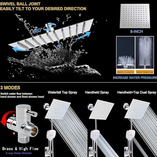 NearMoon Shower Head with Hose, High Pressure Stainless Steel Rain Shower and 3 Settings Handheld Spray Combo with Push Button Flow Control (8 Inch Showerhead Set, Chrome Finish)