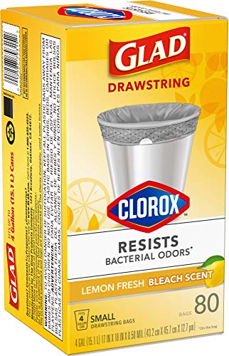 Glad Small Trash Bags 4 Gallon, Lemon Fresh Bleach Garbage Bags, Odor Resistant with Drawstring, 80 Count