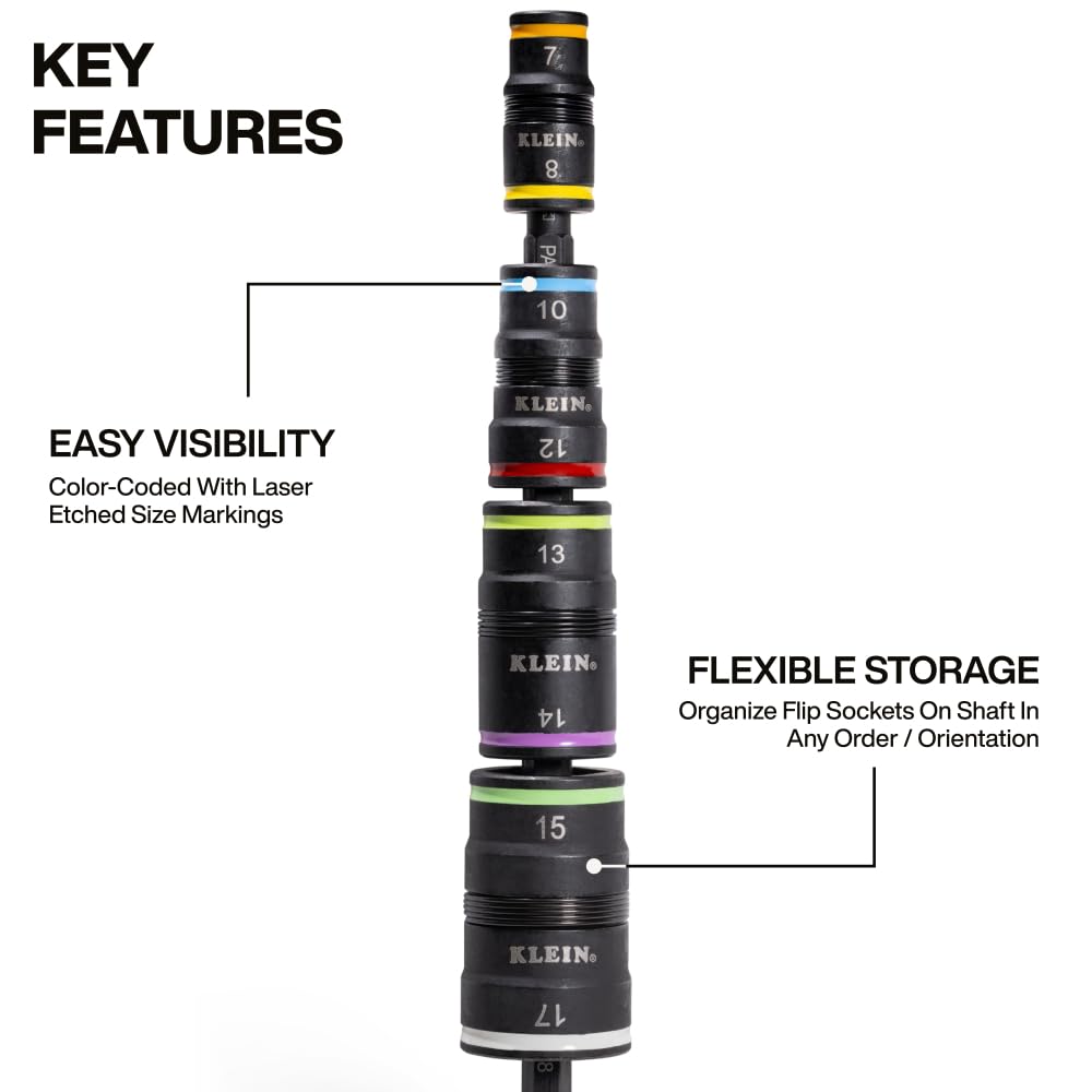 Klein Tools 32934M Impact Driver, 8-in-1 Metric Socket Set, 4 Flip Sockets with 7, 8, 10, 12, 13, 14, 15 and 17mm Nut Driver Sizes, Impact Rated 6-1/2-Inch Shaft
