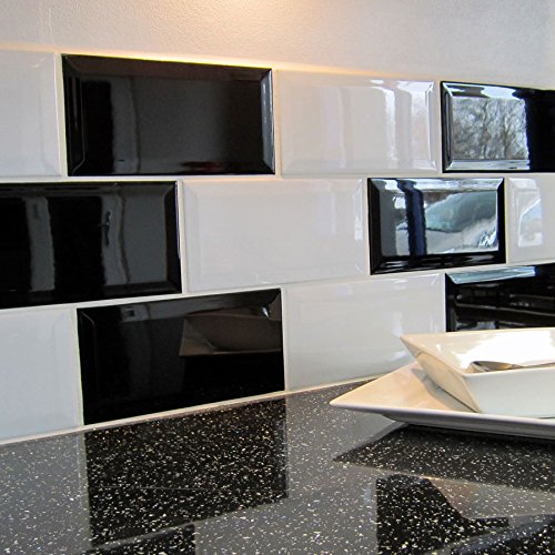 The Bath People 24648 Metro Bevelled Edge Brick Glossy Wall Kitchen Bathroom Tiles, Black-(100mm x 200mm)