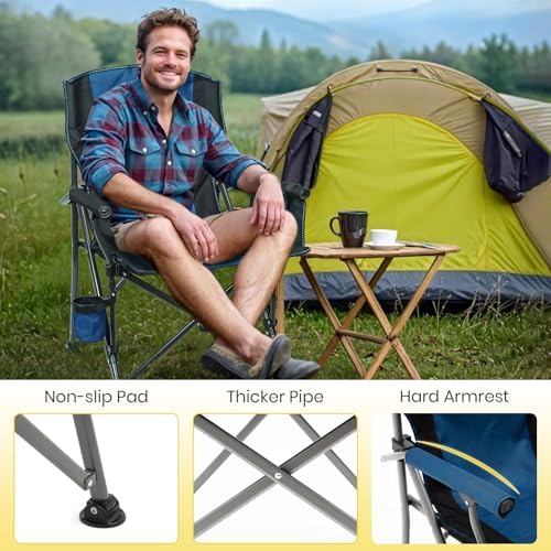 XGEAR Portable Camping Chairs for Adults with Padded Hard Armrest, Sturdy Folding Camping Chair with Cup Holder, Storage Pockets Carry Bag Included, Support to 300 lbs(Blue)