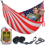 Durable Hammock 400 lb Capacity, Nylon Camping Hammock Chair - Double or Single Sizes w/Tree Straps and Attached Carry Bag - Portable for Travel/Backpacking/Beach/Backyard (Medium, American Flag)