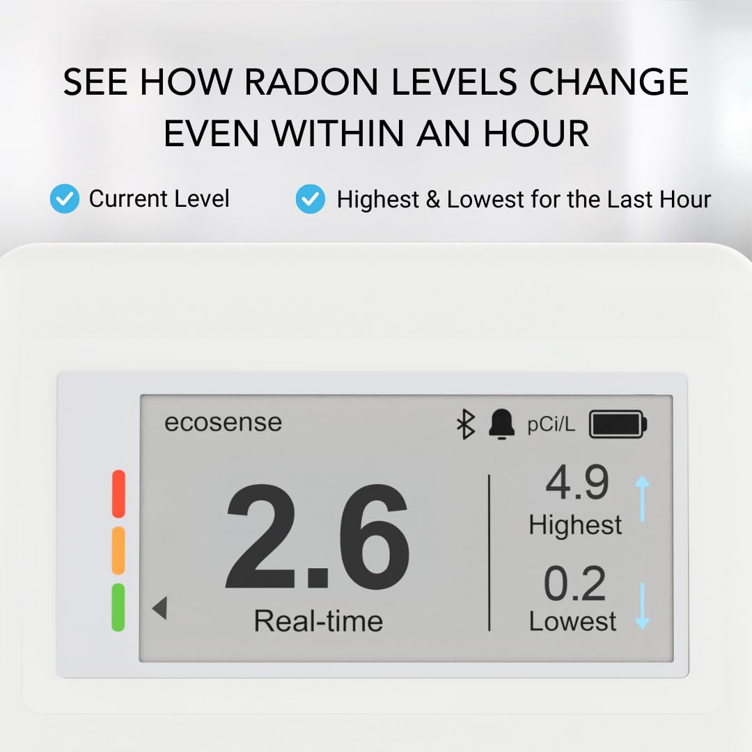 Ecosense EcoQube Flex Smart Radon Detector - Battery Powered Continuous Radon Monitor for Home Use with Always-On Display, Bluetooth App, Daily, Weekly, Monthly & Yearly Fluctuations on App