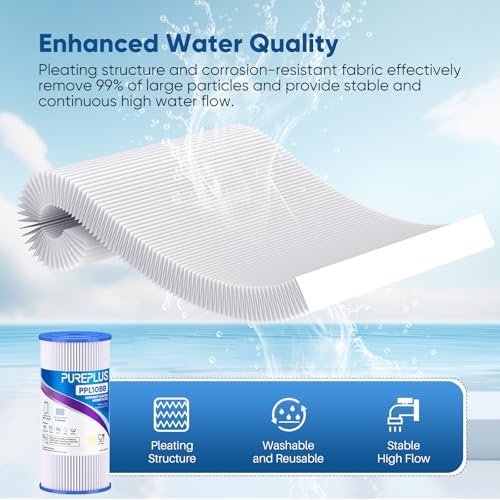 PUREPLUS 10" x 4.5" Whole House Pleated Sediment Filter for Well Water, Replacement Cartridge for GE FXHSC, Culligan R50-BBSA, Pentek R50-BB, DuPont WFHDC3001, American Plumber W50PEHD, GXWH40L, 4Pack