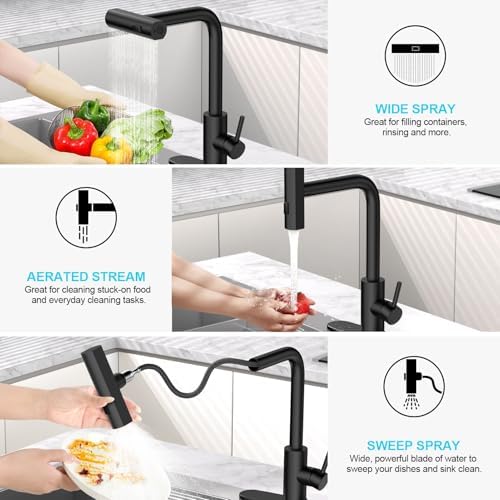 Matte Black Single Hole Kitchen Faucets with Pull Down Sprayer, Single Handle, High Flow Water, Pull Out Tap, Stainless Steel Sink Faucet, Suitable for Farmhouse Camper Laundry Rv Bar