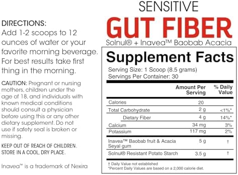 Sensitive Gut Fiber Supplement - Each Tub = 30 Scoops = 30 Day Supply - 6 Grams of Dietary Fiber Per Serving - with Galactomannan Guar Fiber, Baobab Fruit Powder (1 Tub)