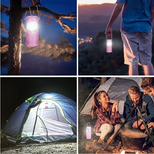 4-Pack LED Pink Camping Lanterns, Portable Camping Lights, Outdoor Handled Lamps, Essential Emergency Lights for Power Outages, Hiking, Hurricane