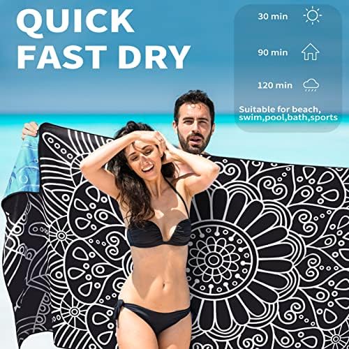 2 Pack Lightweight Thin Beach Towel Oversized 71"x32" Big Extra Large Microfiber Sand Free Towels for Adult Quick Dry Travel Camping Beach Accessories Vacation Essential Gift Black Mandala Elephant