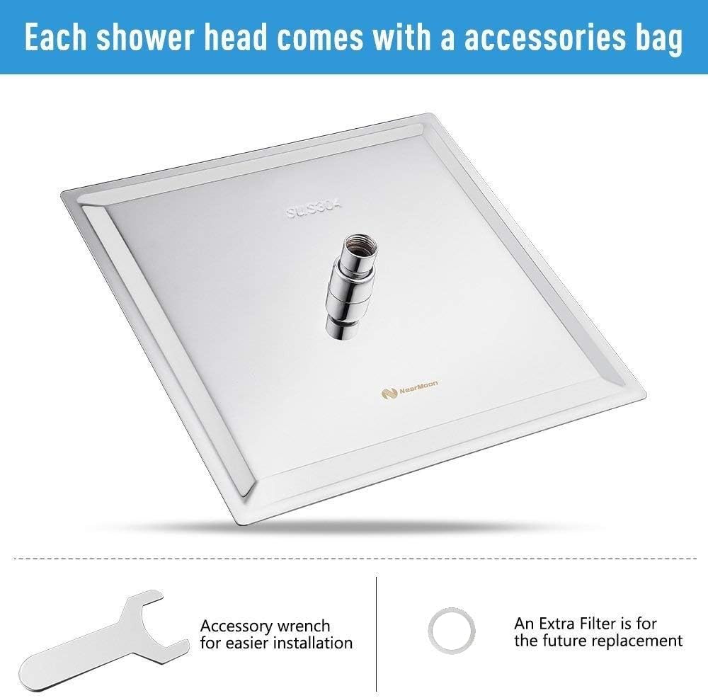 NearMoon Rain Shower Head, High Flow Stainless Steel Square Rainfall Shower, Waterfall Bath Shower Body Covering, Ceiling or Wall Mount (12 Inch, Chrome Finish)