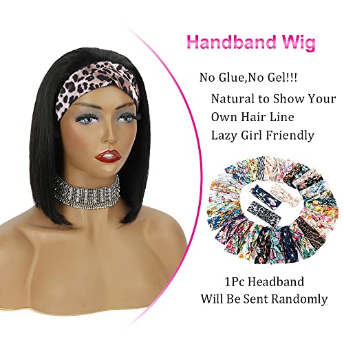 AISI Bob Headband Wig Human Hair Short Straight Headband Wigs Remy Hair Easy Wear and Go Glueless Wigs Bob Headband Wigs for Women Black Color(150% Density 12Inch)
