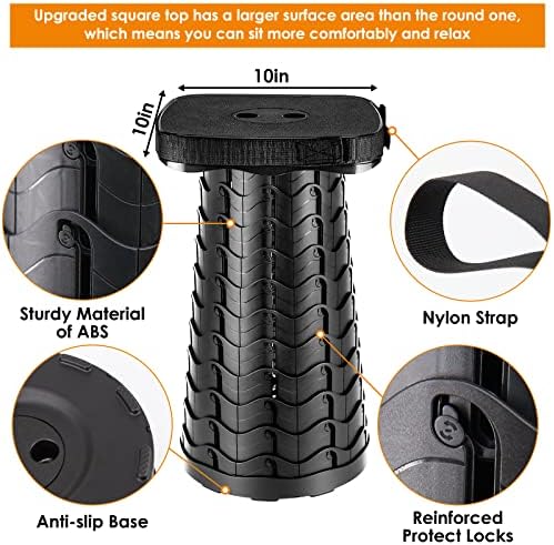 Folding Camping Stool - Square Collapsible Portable Seat with Elastic Cushion & Adjustable Nylon Bag, Sturdy Lightweight Telescoping Design, Max Load 485lb