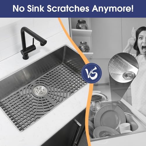 Silicone Sink Protector 30"x16" Rear Drain Hole, Heat Resistant Non-slip Dishwasher Suitable, Large Sink Mat for Bottom of Farmhouse Kitchen Stainless Steel Sink