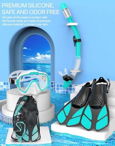Snorkeling Gear for Adults Men Women,4 in 1 Snorkel Set with Panoramic View Diving Mask Anti-Fog Anti-Leak,Dry Top Snorkel,Fins and Travel Bag for Swimming,Snorkeling and Travel Diving