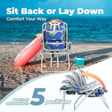Tall Beach Chairs for Adults – 5-Position Reclining Backpack Chair with Large Insulated Cooler & Storage Pocket, Aluminum Frame, Portable for Travel & Outdoor, Supports 300lbs, Tropical Palm