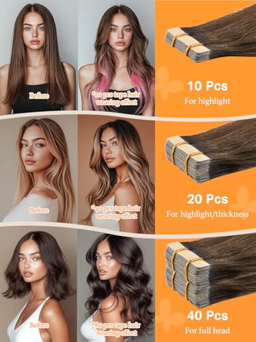DOORES Tape in Hair Extensions Human Hair, Balayage Dark Brown to Chestnut Brown 50g 20pcs 18 Inch, Human Hair Extensions Natural Hair Extensions Remy Straight Hair Skin Weft