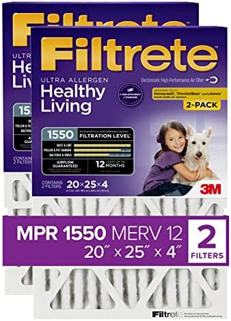 Filtrete 20x25x4(SlimFit), AC Furnace Air Filter, MPR 1550 DP, Healthy Living Ultra Allergen Deep Pleat, 2-Pack, Fits Lennox & Honeywell Devices (exact dimensions 19.5 x 24.5 x 3.75)