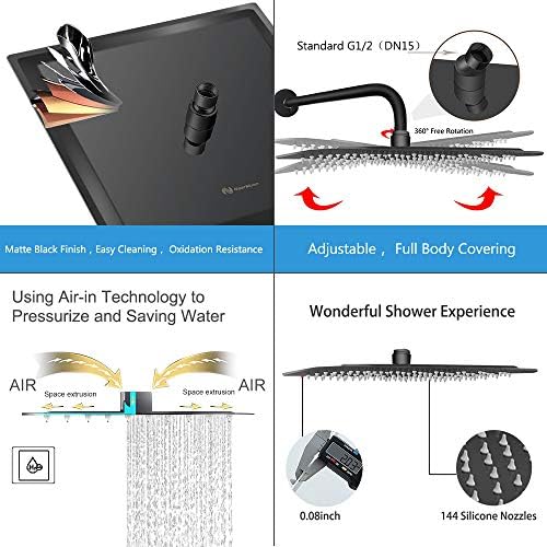 NearMoon Rain Shower Head, High Flow Stainless Steel Square Rainfall Shower, Waterfall Bath Shower Body Covering, Ceiling or Wall Mount (12 Inch, Matte Black)