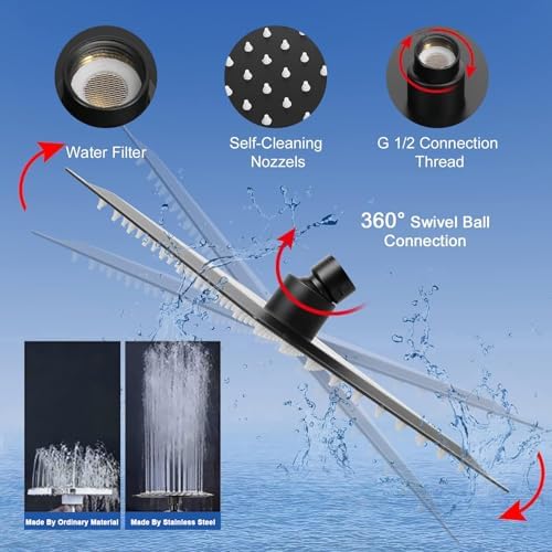 NearMoon Filtered Rain Shower Head, High Pressure 8″Square, and 5 settings Handheld Shower Filter Combo with Self-adhesive Holder/1.5M Hose -1 Replaceable Filter Cartridge (Matte Black)