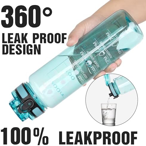 OLDLEY Water Bottle, 32oz Motivational Sports Water Bottle with Time Marker - Times to Drink - Tritan, BPA Free, Wide Mouth Leakproof,Surfer (1 Bottle)