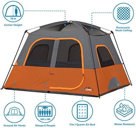 CORE Tent for Family Camping | 4 Person & 6 Person Portable Camp Tent with Carry Bag for Outdoor Car Camping | Included Gear Loft Organizer for Camp Accessories