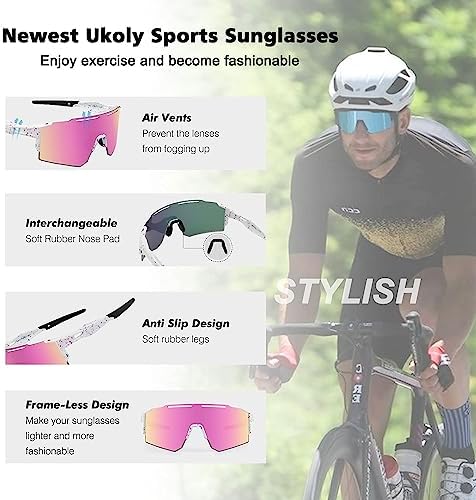 Ukoly Cycling Sunglasses for Men Women with 3 Interchangeable Lenses, Polarized Sports Sunglasses, Baseball Sunglasses