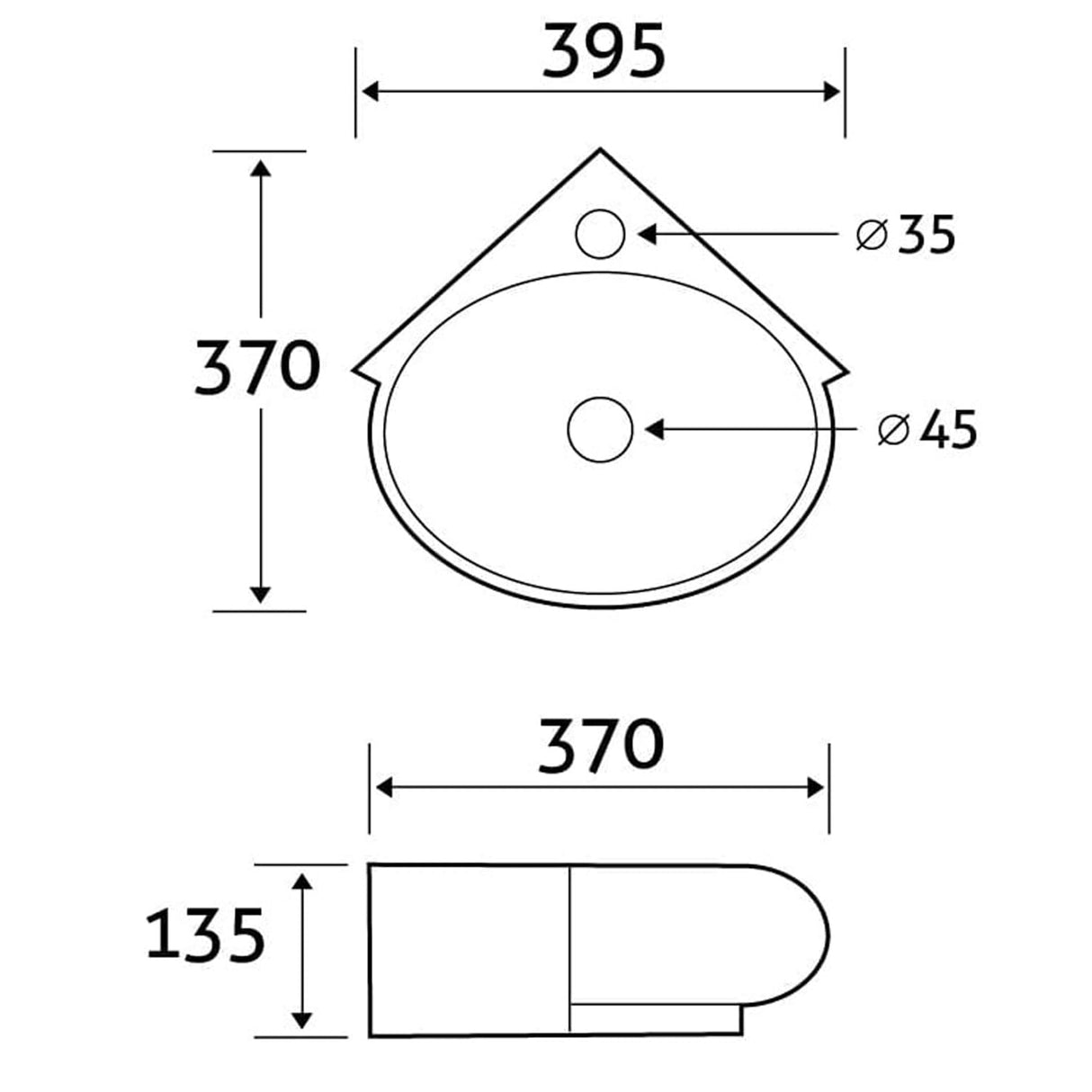 Compact Corner Wall Hung Basin Sink with Single Tap Hole Space-Saving Cloakroom Hand Wash Basin White Ceramic Corner Sink for Small Bathrooms & En-suites 370mm x 395mm