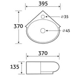 Compact Corner Wall Hung Basin Sink with Single Tap Hole Space-Saving Cloakroom Hand Wash Basin White Ceramic Corner Sink for Small Bathrooms & En-suites 370mm x 395mm