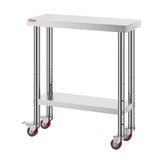 VEVOR Stainless Steel Work Table 30 x 12 x 34 Inch, 700 LBS Load Capacity with 4 Wheels, 3 Adjustable Height Levels, Heavy Duty Food Prep Worktable for Commercial Kitchen Restaurant, Silver