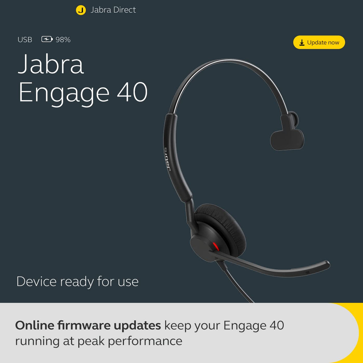 Jabra Engage 40 Wired Mono Headset - Noise-Cancelling 2-Mic Technology and USB-A Cable, Ultra-Lightweight - Works with All Leading Unified Communications Platforms Such As Zoom, Unify - Black