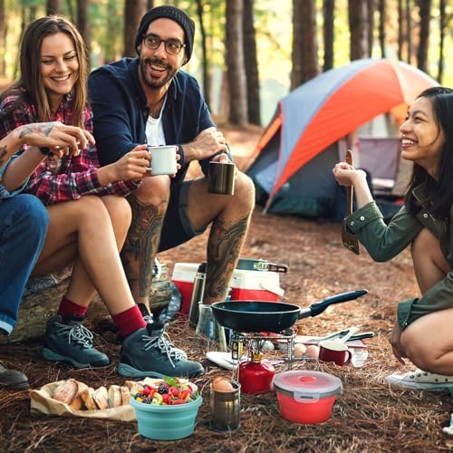 Suclain 4 Pcs Camping Bowl with Lid Collapsible Silicone Lunch Box Salad Bowl Expandable Food Storage Container Folding Travel Container for Hiking Camping(Red, Pink, Blue, Green,12 oz)