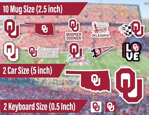Oklahoma Sooners Stickers (14 Piece) University of Oklahoma Gifts for Men Football Fans for Car Laptop Water Bottle + 2 Large Car Decals, 10 Water Bottle Size, 2 Keyboard Size