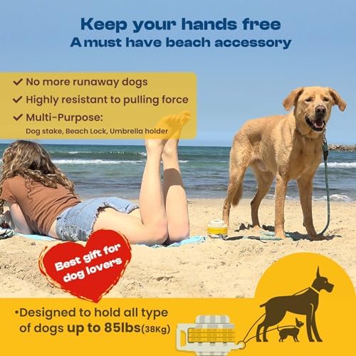 Diggo Dog Stake Beach Anchor - Dog Beach Essentials for All Dog Sizes - Unique 360° Head Rotating Combination Beach Lock System, Heavy Duty Tie Out Stake, Umbrella Sand Anchor, Designed for The Beach