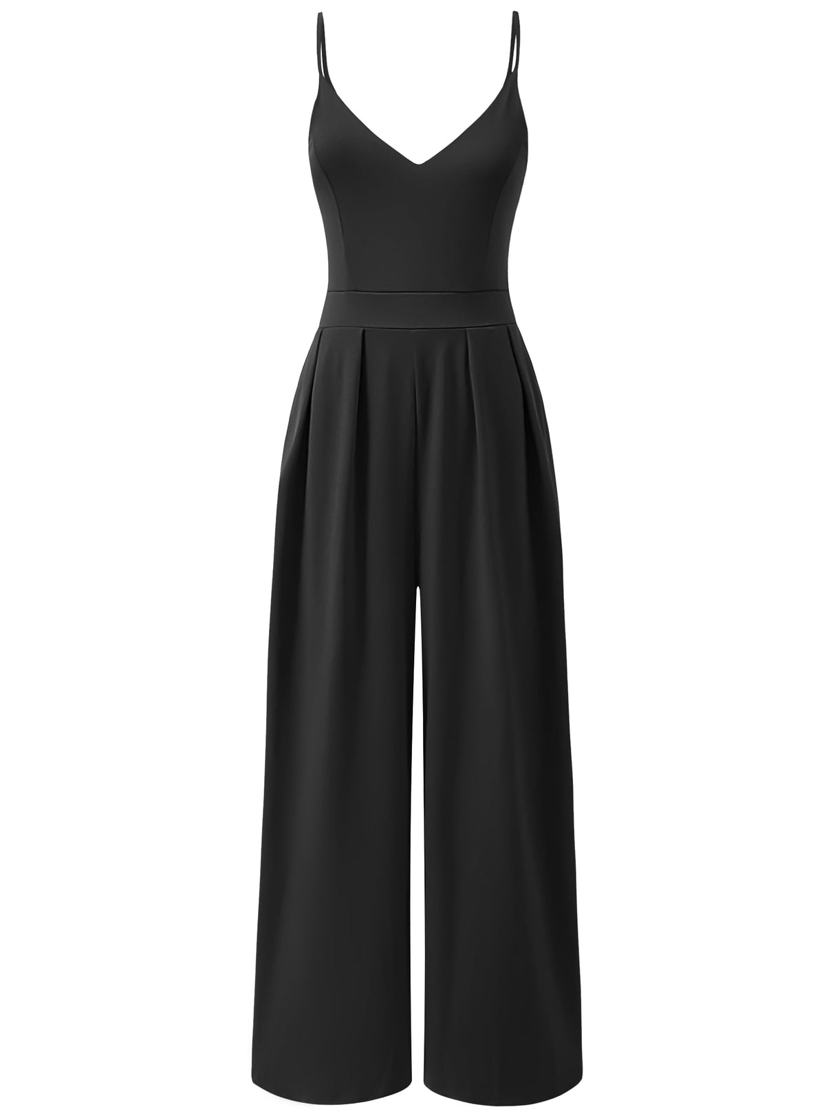ANRABESS Women V Neck Spaghetti Strap Wide Leg Dressy Jumpsuits 2025 Summer Casual One Piece Jumper Romper Outfits & Pockets Black Medium