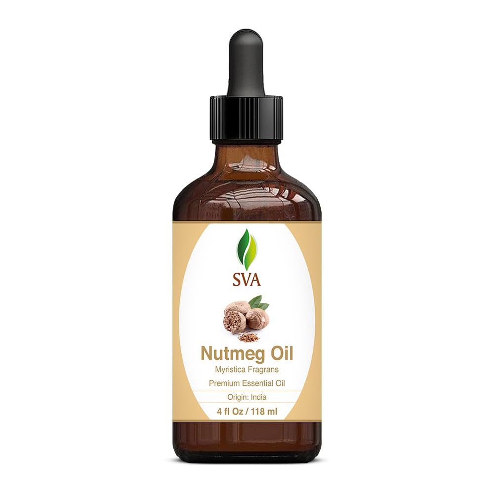 SVA Nutmeg Essential Oil – 4 Fl Oz – 100% Natural Nutmeg Oil - for Diffuser, Hair Care, Face, Skin Care, Aromatherapy, Scalp and Body Massage, Soap and Candle Making – with Dropper