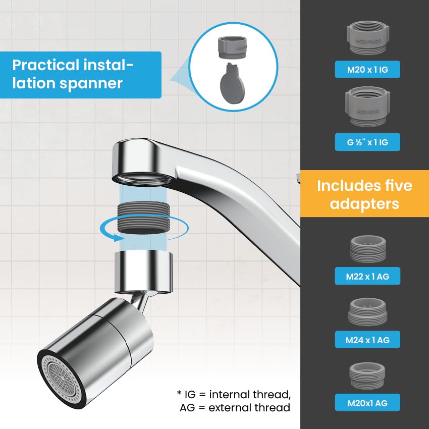 Bächlein Universal Faucet Attachment in Chrome with Two Jet Types - Swivel Aerator for Kitchen Faucets