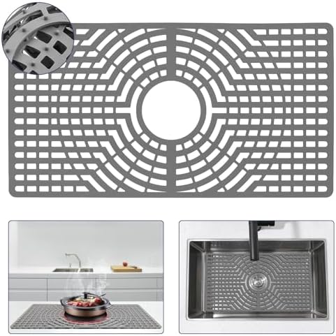 Silicone Sink Protector 30"x16" Center Hole, Heat Resistant Non-slip Dishwasher Suitable, Large Sink Mat for Bottom of Farmhouse Kitchen Stainless Steel Sink