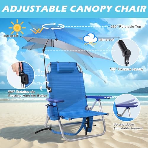 Beach Chair, Backpack Chairs for Adults with Adjustable Umbrella, Folding Beach Chairs with Storage Pouch, Cup Holder & Towel Rack, Adjustable Lounge Chair for Seaside, Blue