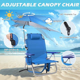 Beach Chair, Backpack Chairs for Adults with Adjustable Umbrella, Folding Beach Chairs with Storage Pouch, Cup Holder & Towel Rack, Adjustable Lounge Chair for Seaside, Blue