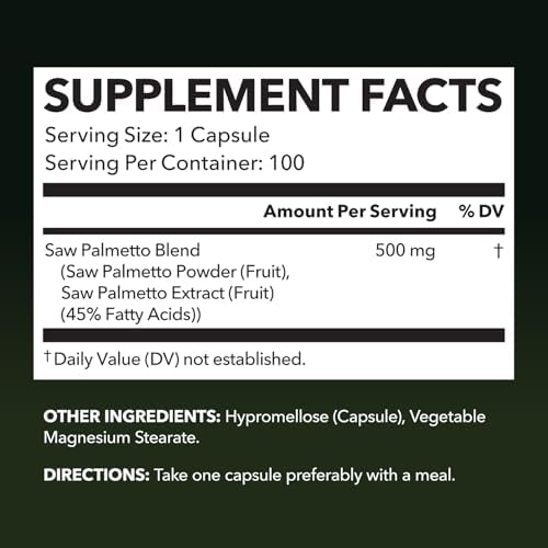 Saw Palmetto for Men Prostate Health Supplement to Promote Urinary Tract Function - 500mg Per Serving - 100 Count - DHT Blocker Hair Vitamin - Vegan, Non-GMO Capsules, Over 3 Month Supply