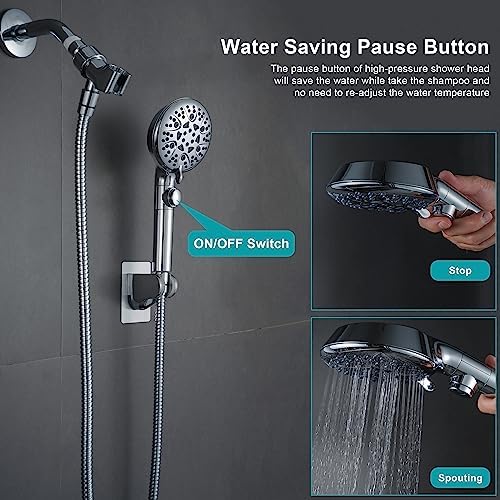Handheld Shower Head with On Off Switch 8-Mode High Pressure Showerhead with 79 Inches Extra-long Stainless Steel Hose and Bracket PLUS Extra Low-Reach Adhesive Wall Mount for Kids,Silver…