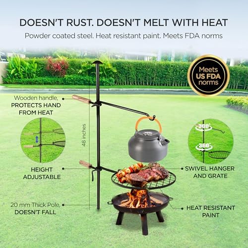 Campfire Grill Open Fire Cooking Equipment for Camping with Height Adjustable Swivel Grill Grate and Hanger Rod