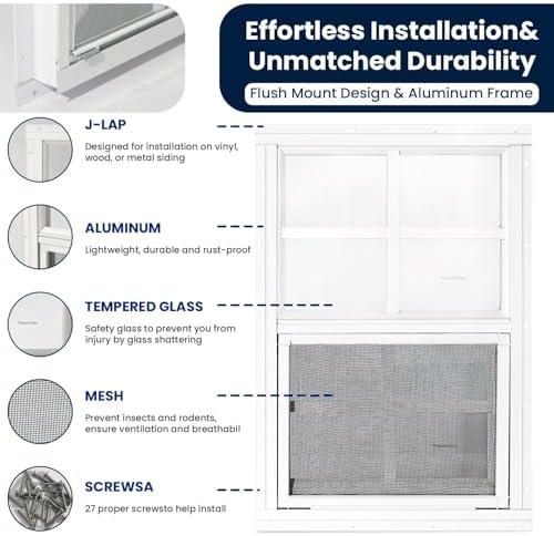 COLORPAPA 2 Pack Shed Windows,12" x 18" Small Sliding Windows,Flush Mount Windows with Tempered Glass and Fiberglass Screen for Shed, Chicken Coop, Playhouse, Household, Garage, Barns (White)