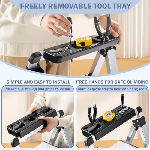 XinSunho 3 Step Ladder, Retractable Handgrip Folding Step Stool Ladders with Anti-Slip Wide Pedal, Aluminum 3 Steps, 330lbs Safety Household Ladder