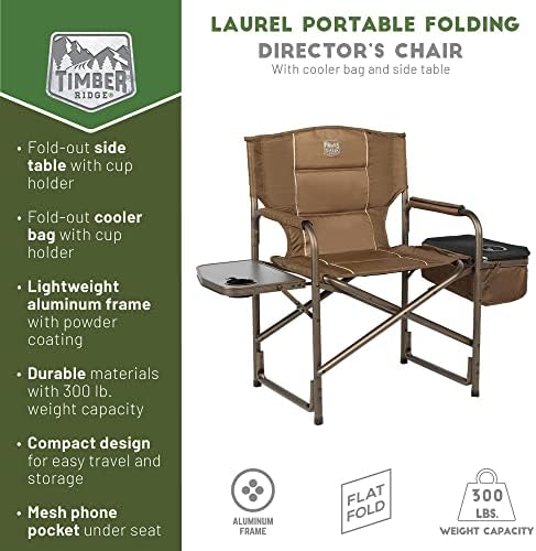 TIMBER RIDGE Folding Camping Chair with Cooler Bag, Director Chair Foldable with Side Table for Adults, Camp Chairs for Outdoor, Lawn, Sports, Fishing, Heavy Duty Supports 300lbs, Earth Brown
